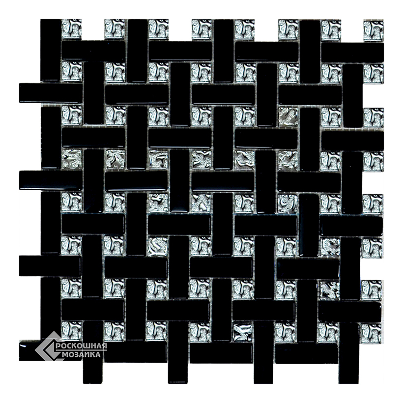 МС 786 На пол Мозаика стеклянная Плетенка черная. платина 15х48/15х15 280х280