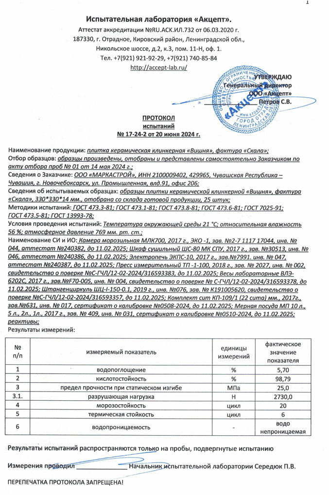 Сертификат на продукцию Натуральный Клинкер